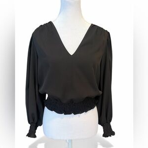 Amanda Uprichard Small Black V-Neck Long Sleeve Smocked Blouse
